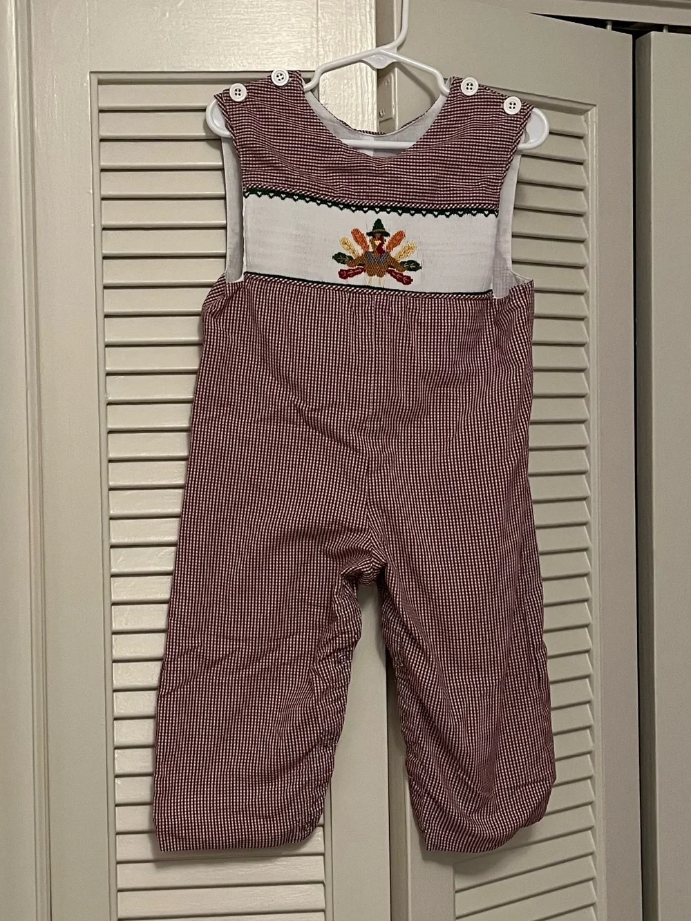 Smocked Burgundy Gingham Kids' Overalls with Autumn Embroidery